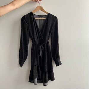 Dynamite Black Cocktail Dress with Plunge Neckline and Bishop Sleeves